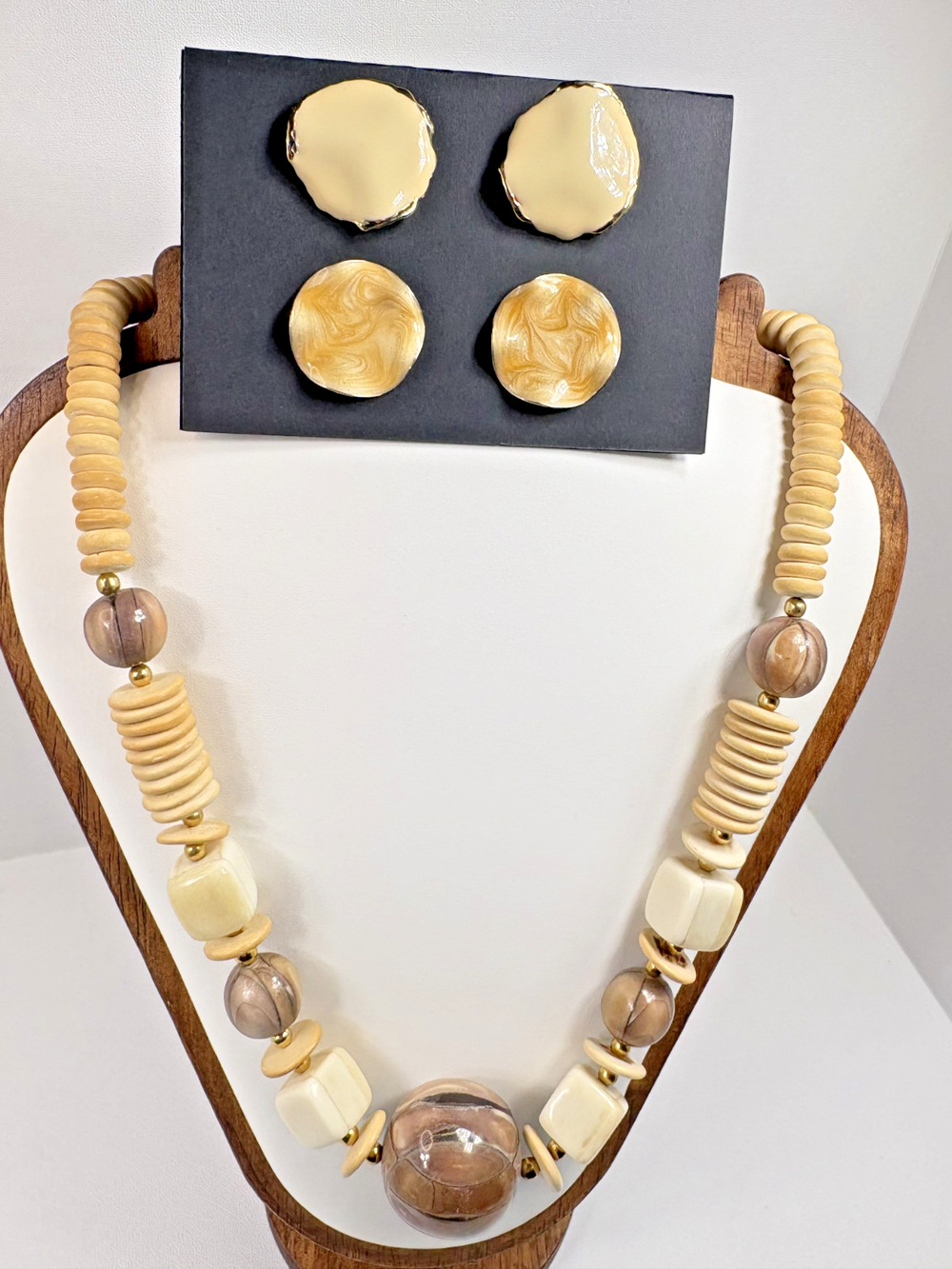 VTG Boho Chunky Wood Resin Statement Necklace & Enamel Button Earrings Lot Set